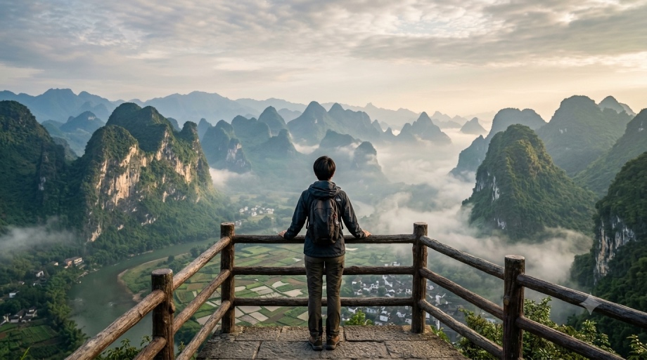 Joven viajero desde un mirador en montañas Chinas